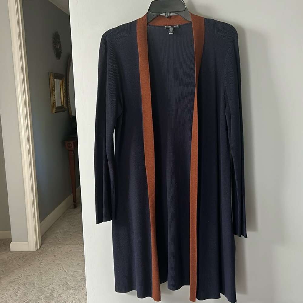 Eileen Fisher long baby & Rust trim cardigan size MP